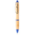 A bamboo ballpoint pen featuring blue accents and a clip, with a logo on the barrel.