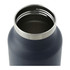 A drink bottle with a stainless steel rim and a dark navy exterior, featuring a straw lid. It has a logo on the surface.