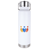 A drink bottle in white with a stainless steel base, featuring a logo in blue, orange, and red.