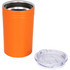 An orange Sherpa vacuum tumbler with a stainless steel interior and a clear lid. Features a logo.