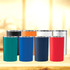 A drink bottle collection featuring Sherpa Vacuum Tumblers in green, black, orange, white, navy, red, and blue. Each has a logo.