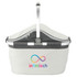 A white picnic carry bag with a silver handle and a branding logo on the front.