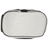 A white cooler bag with a black zipper and handle, featuring a logo.