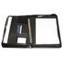 A black imitation leather zip compendium with internal pockets, a pen, and a notepad. It has a branding logo inside.