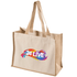 A beige tote bag with sturdy handles and a colourful graphic design on the front. It has a logo.