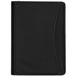 A black full grain leather compendium with stitching detail and a side pocket. It features a logo on the front.