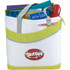 A white and lime green tote bag filled with folders, a drink bottle, and a pen, featuring a logo.