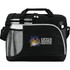 A black laptop briefcase featuring a mesh side pocket and pens attached, decorated with a logo.