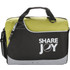 A black and lime green laptop bag featuring a logo and a pen attached to the side.
