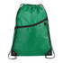 A green drawstring bag with a black zippered pocket and drawcord straps, featuring a logo on the front.