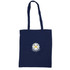 A navy tote bag with a logo on the front and two long handles for carrying.