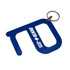 A blue Hygiene Key with a keyring attachment, featuring a logo and a unique shape.