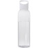 A drink bottle made of clear Tritan material with a white cap, featuring a logo.