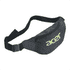 A black bum bag with a zippered compartment and an adjustable strap, featuring a logo on the front.