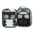 A black RPET headphone and tech case featuring mesh pockets, cables, and a padded compartment for headphones.