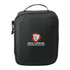 A black tech case featuring a zip closure and a top handle, with a logo on the front.