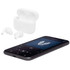 Wireless earbuds in white case, placed beside a smartphone displaying a music player interface.