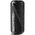 A black rugged fabric waterproof Bluetooth speaker with a textured surface and visible water droplets.