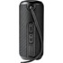 A black, rugged fabric waterproof Bluetooth speaker with buttons and a strap for easy carrying.