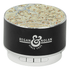 A round, patterned Bluetooth speaker in black and silver featuring a branding logo on the front.