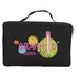 A black zippered case featuring colourful graphic design elements, including a pencil and circular patterns.