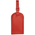 A vibrant red luggage tag with a smooth finish and a metal buckle strap.