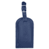 A navy blue luggage tag with a leather finish and a buckle strap for attachment. It features a logo.