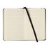 A black bound journal with lined pages and a black ribbon bookmark. It has a logo on the cover.