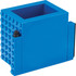 A blue pen pot designed with a Lego-like texture, featuring a compartment for a pen on the side.