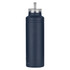 A drink bottle in a matte navy finish with a silver lid and a straw opening. Features a logo.