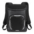 A black cooler backpack with adjustable straps, featuring a front pocket and a logo. Holds 18 cans.