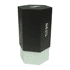A drink bottle in a hexagonal design, featuring a black upper section and a white base, with a logo.
