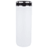 A drink bottle in white with a black lid, featuring a logo, designed for thermal insulation.