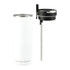 A drink bottle featuring a white body with a black lid and a stainless steel straw, includes branding.