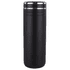 A drink bottle in matte black with a silver band and a straw opening at the top, featuring a logo.