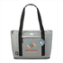 A grey cooler bag with black straps, featuring a front pocket and a logo. Holds 25-50 cans and has expandable capacity.