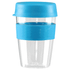 A drink bottle featuring a clear body, blue lid, and blue silicone band, designed for convenient use.