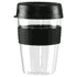 A drink bottle with a transparent body, black lid, and a black band. It has a capacity of 360ml.