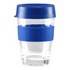 A transparent glass coffee cup with a blue silicone lid and sleeve, holding 340ml of liquid.