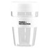 A drink cup in clear glass with a white lid and a white band featuring a logo. Holds 340ml.