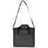 A dark grey cooler bag with a shoulder strap and handles, featuring a front pocket and branded logo.