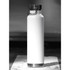 A drink bottle with a sleek white body and a silver base, featuring a black lid and a logo.