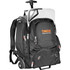 A black wheeled compu-backpack with multiple compartments and a retractable handle. It features a logo on the front.