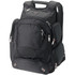 A black checkpoint-friendly backpack with multiple compartments and zippers, featuring a logo.
