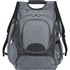 A grey, checkpoint-friendly compu-backpack with multiple zippered pockets and mesh side compartments. It has a logo.