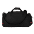A black duffel bag with a shoulder strap, featuring multiple compartments and a logo.