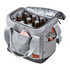 A grey cooler bag with a zippered top, holding six drink bottles and featuring a front pocket.