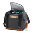 A grey and brown cooler bag with an insulated interior, holding bottles and featuring a bottle opener and logo.