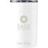A white drink bottle with a silver lid and a logo, featuring sleek design.