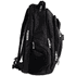 A black laptop backpack with multiple zippered compartments and a branding logo.